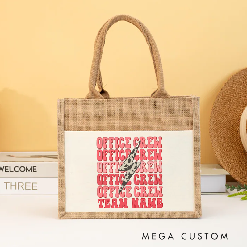 Personalized Office Crew Burlap Tote Bag Repeated Text Design Gift for Coworker or Employee