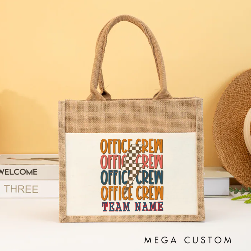 Personalized Office Crew Burlap Tote Bag Retro Repeated Text Design Gift for Coworker or Employee