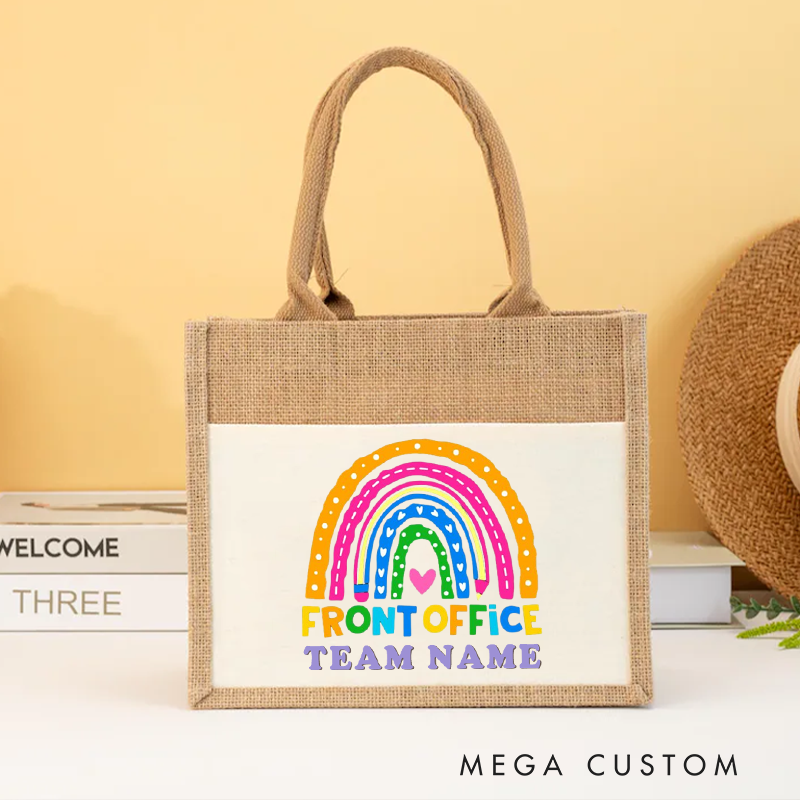 Personalized Front Office Burlap Tote Bag Rainbow Design Gift for Coworker or Employee