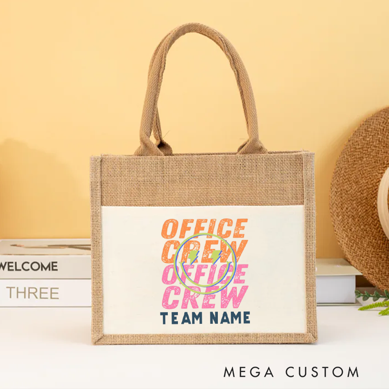 Personalized Office Crew Burlap Tote Bag Peace Sign Design Gift for Coworker or Employee