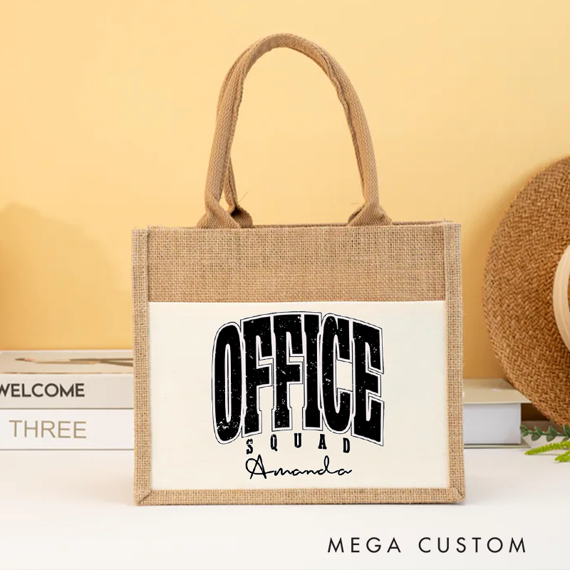 Personalized Office Squad Burlap Tote Bag Bold Black Text Design Gift for Coworker or Employee