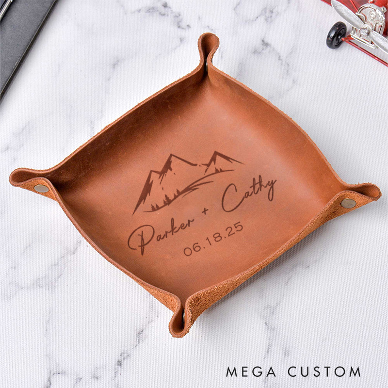 Personalized Mountain Peaks Couple Wedding Engagement Men Leather Tray