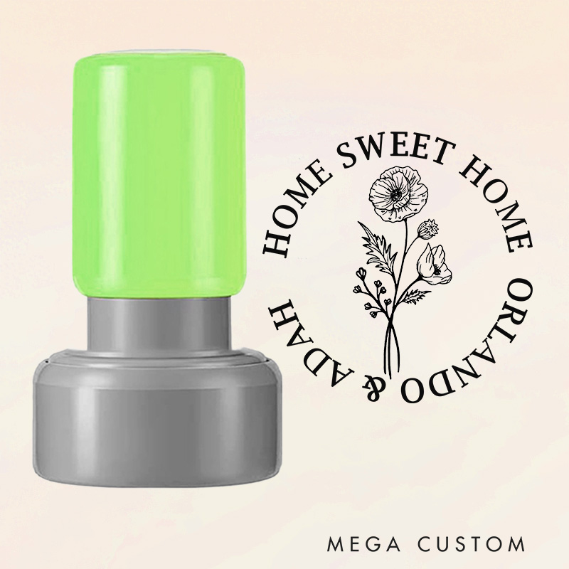 Personalized Stamp Home Sweet Home Design August Birth Flower Poppy Custom Names Decorative Stamp for New Homeowners Gifts