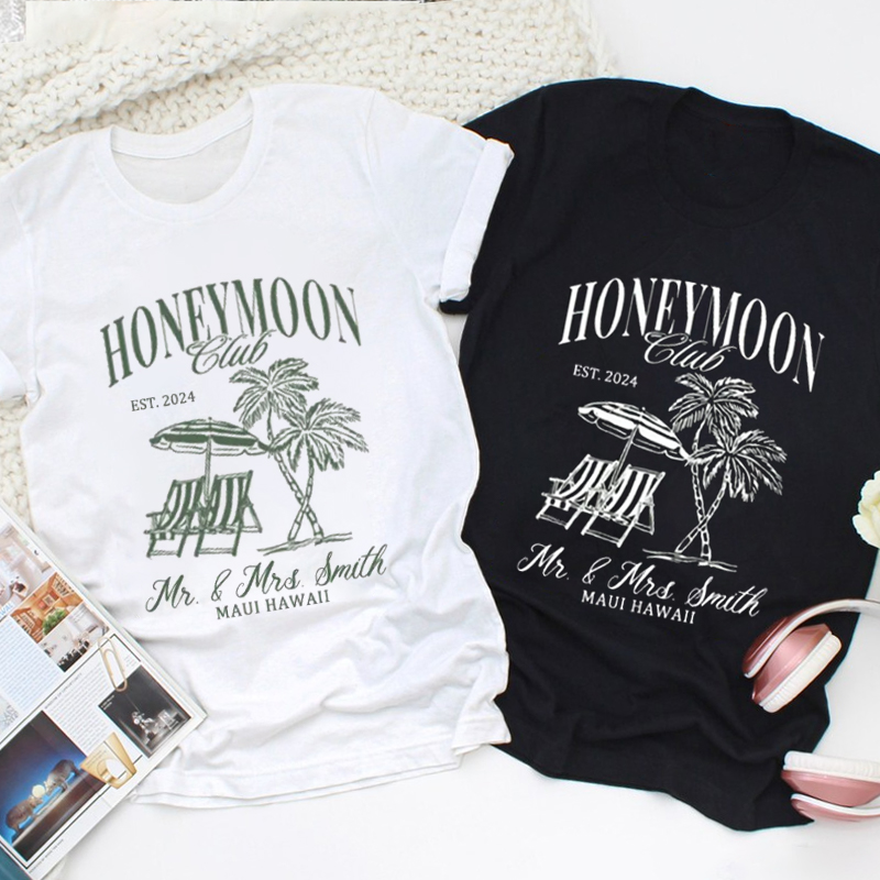 Personalized Classic Tropical Honeymoon Club with Beach Scene Matching Honeymoon Couple Classic T-Shirt
