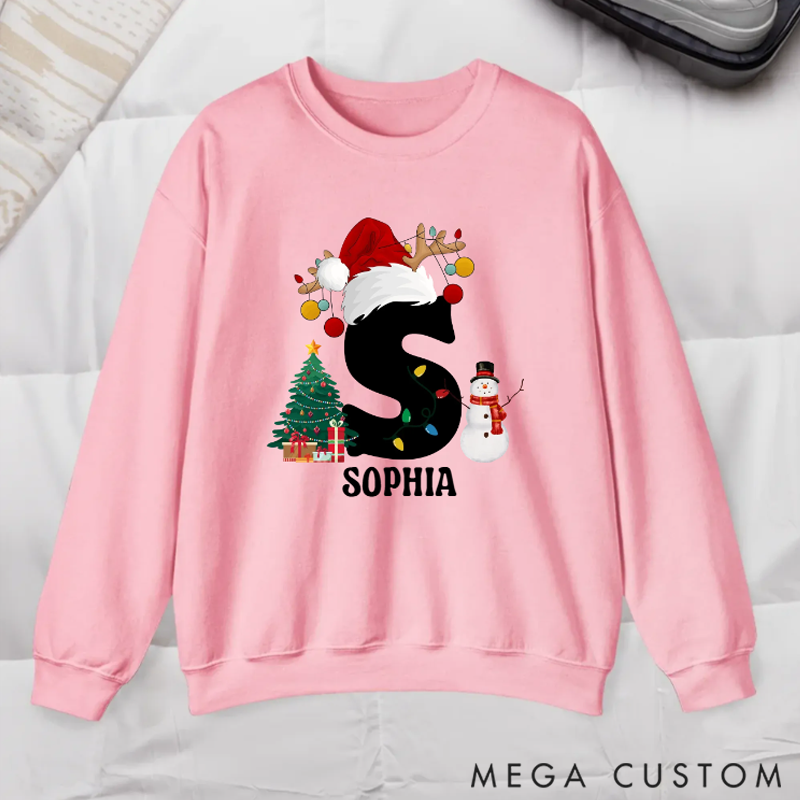 Personalized Christmas Trees Snowmen Multicolor Sweatshirt Hoodie with Initial and Name Christmas Gift for Family 