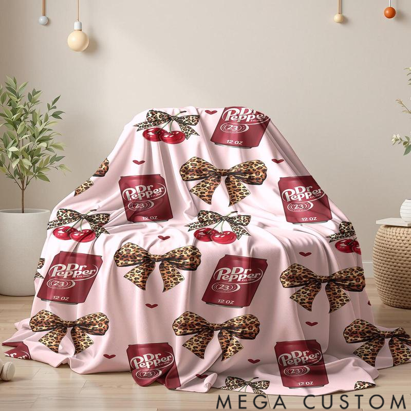 Personalized Dr Pepper Flannel Leopard print bow Throw Blanket - Versatile For Sofa, Bed, Office, Camping- Cozy Nap Blanket