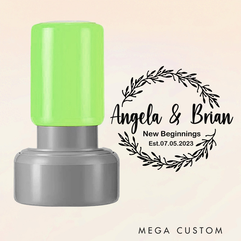 Personalized Round Housewarming Stamp New Beginnings Design Custom Names Established Date Wreath Motif Decorative Stamp for New Homeowners