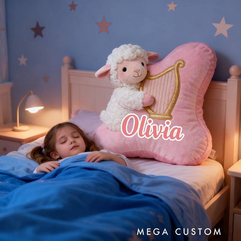 Personalized Graphic 3D Print Pink-White Sheep & Harp Pillow With Your Own Name Soft Stuffed Toy for Kids Unique Decorative Cushion for Girls' Room