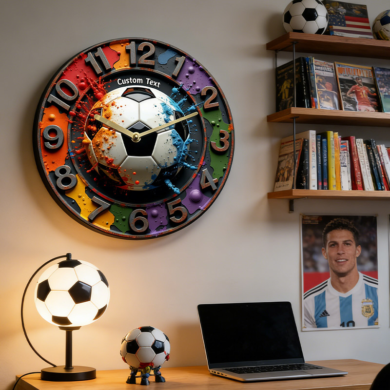 Personalized Soccer Wall Clock with Colorful Ink Splash Soccer Sports Wall Clock