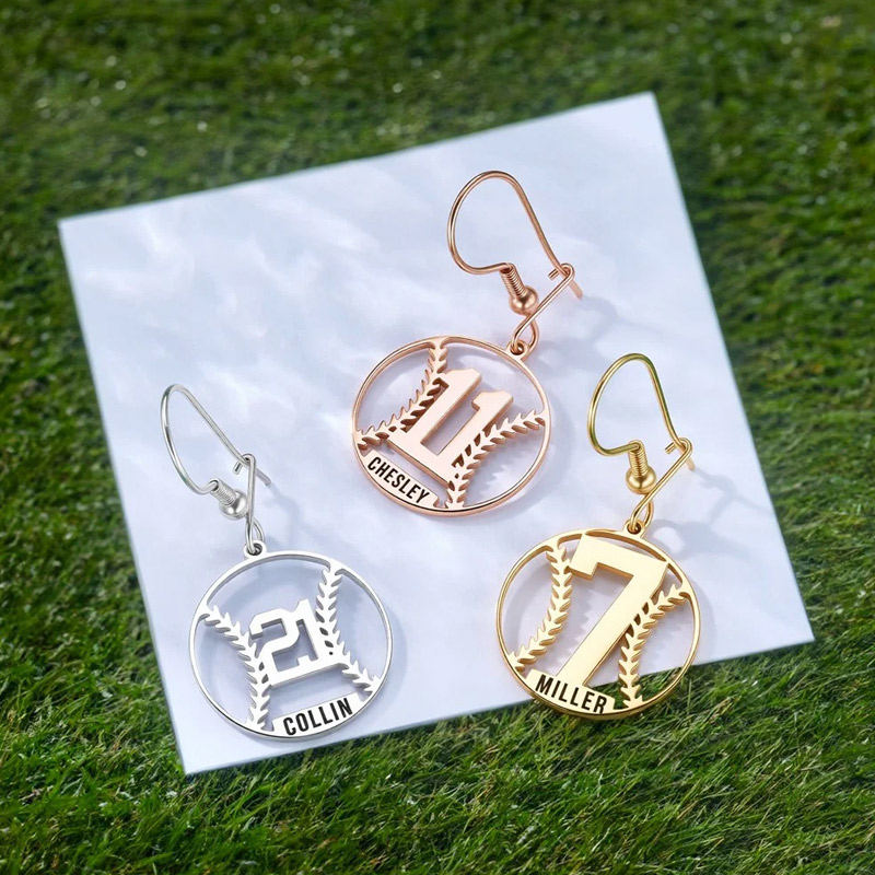 Personalized Baseball Silhouette Stainless Steel Earrings with Name and Number Game Day Team Birthday Gift for Baseball Mom Athlete