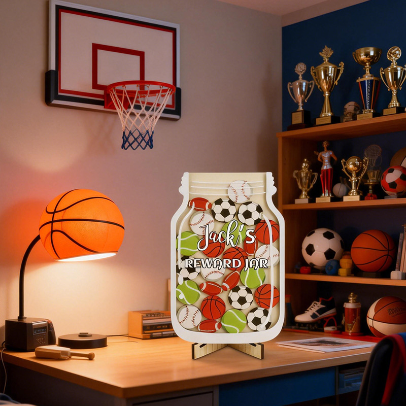 Personalized Sports Magnetic Reward Jar Wood Jar Custom Name Gift for Sport Kids