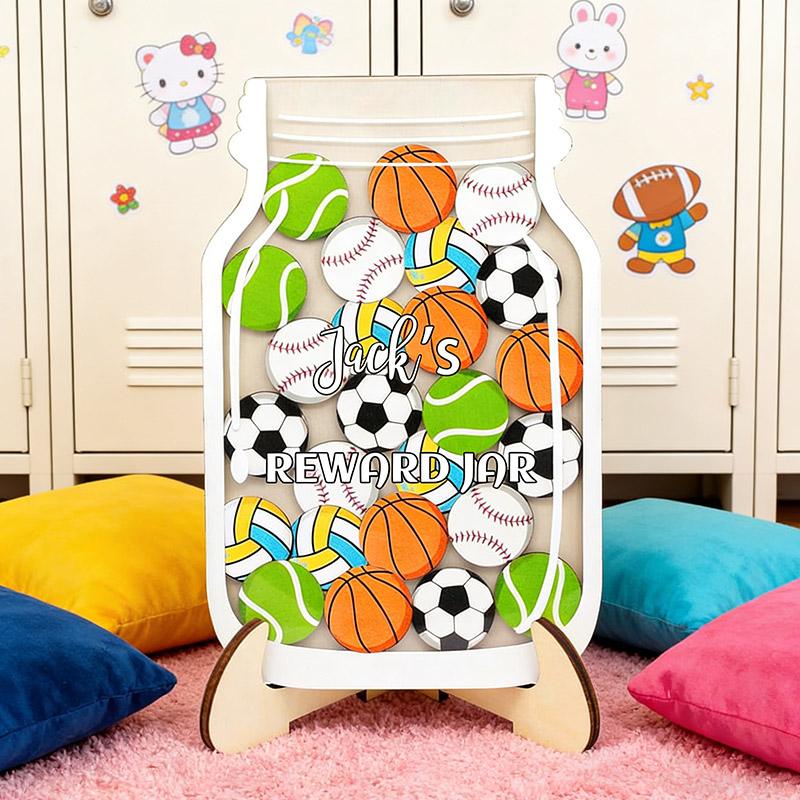 Personalized Sports Magnetic Reward Jar Wood Jar Custom Name Gift for Sport Kids Sport Lovers
