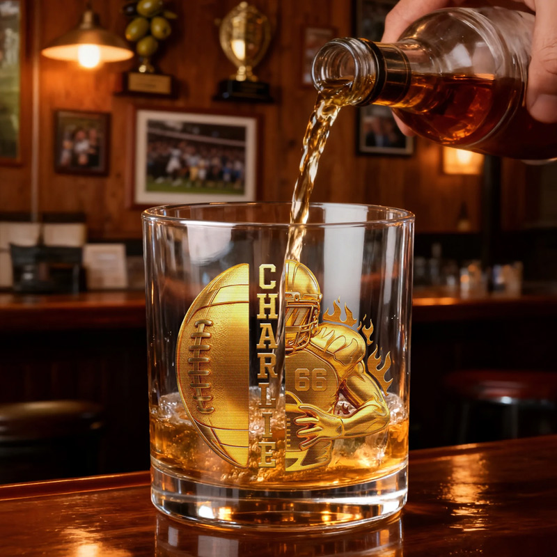 Personalized Golden Football Player Whiskey Glass with Name and Number Birthday Father's Day Gift for Man Bartender Whiskey Enthusiast