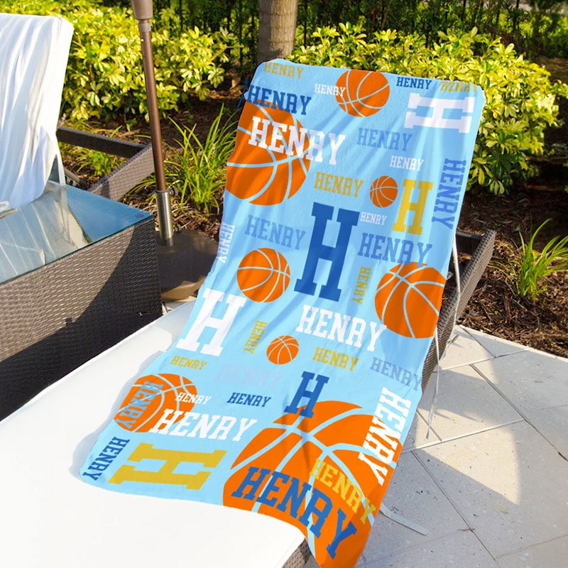 Personalized Basketball Design Quick Dry Oversized Microfiber Beach Towel with Name and Initial Beach Party Holiday Gift for Basketball Lovers