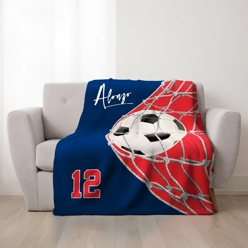Personalized Multicolor Soccer Goal Shot Soft Throw Blanket with Number and Name Game Day Home Decor Birthday Gift for Soccer Lover