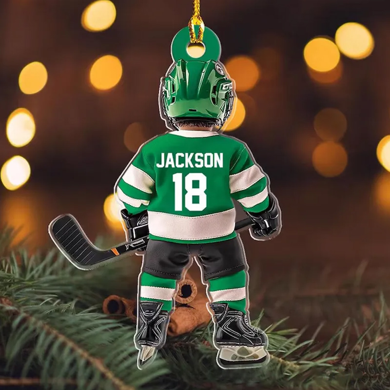 Personalized Hockey Player Ornament with Custom Name, Number, and Jersey Colors Design