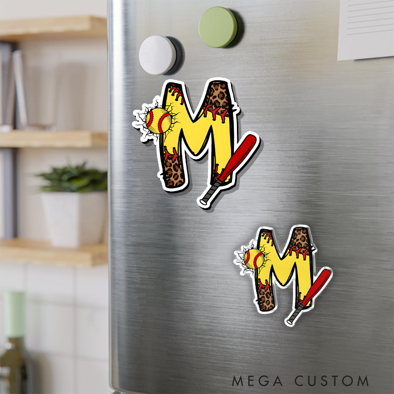 Personalized Softball Refrigerator Magnet with Custom Initial Name Leopard Print and Bat Design