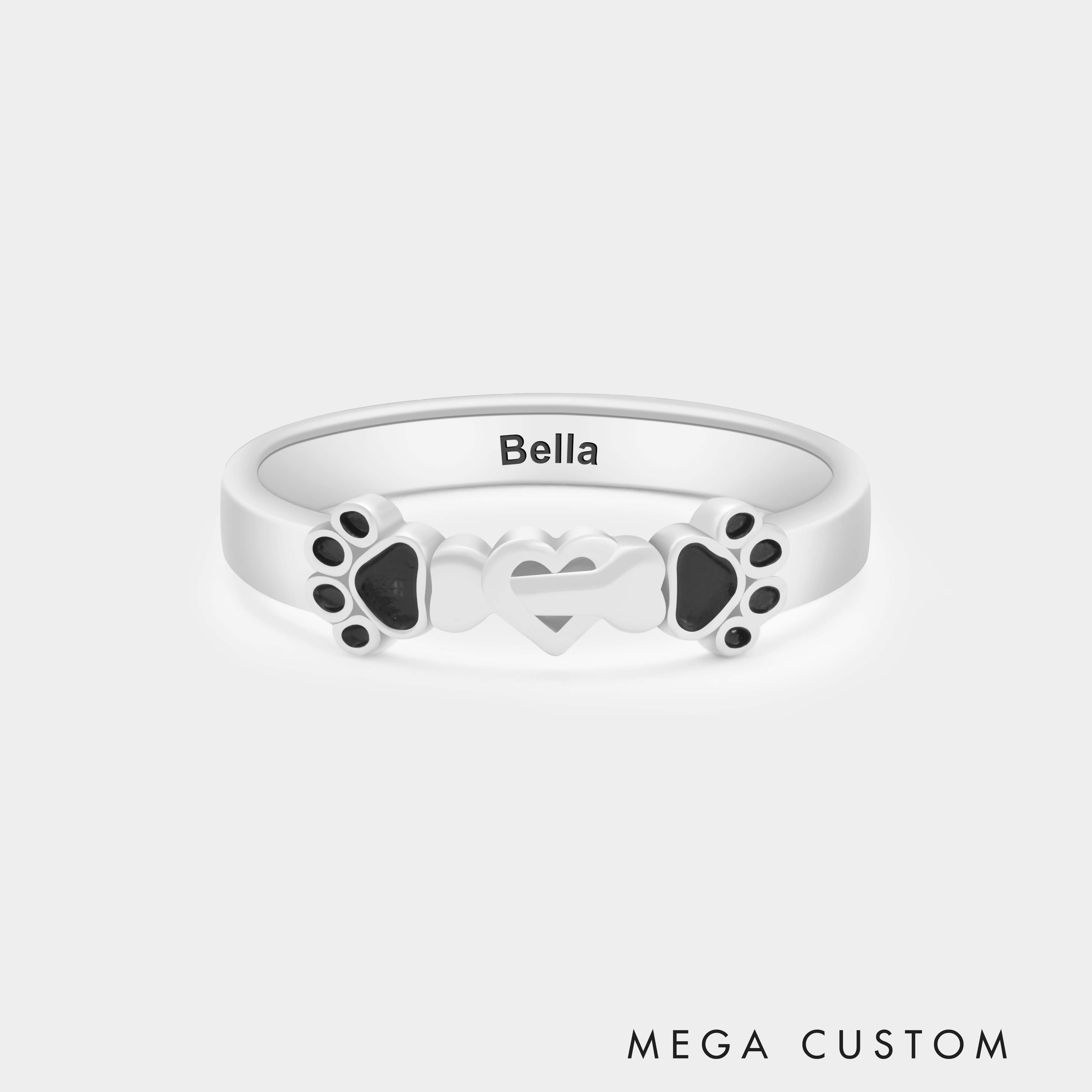 Personalized Bone and Heart with Dog Paw Ring Personalized Pet Lover's Jewelry in Sterling Silver