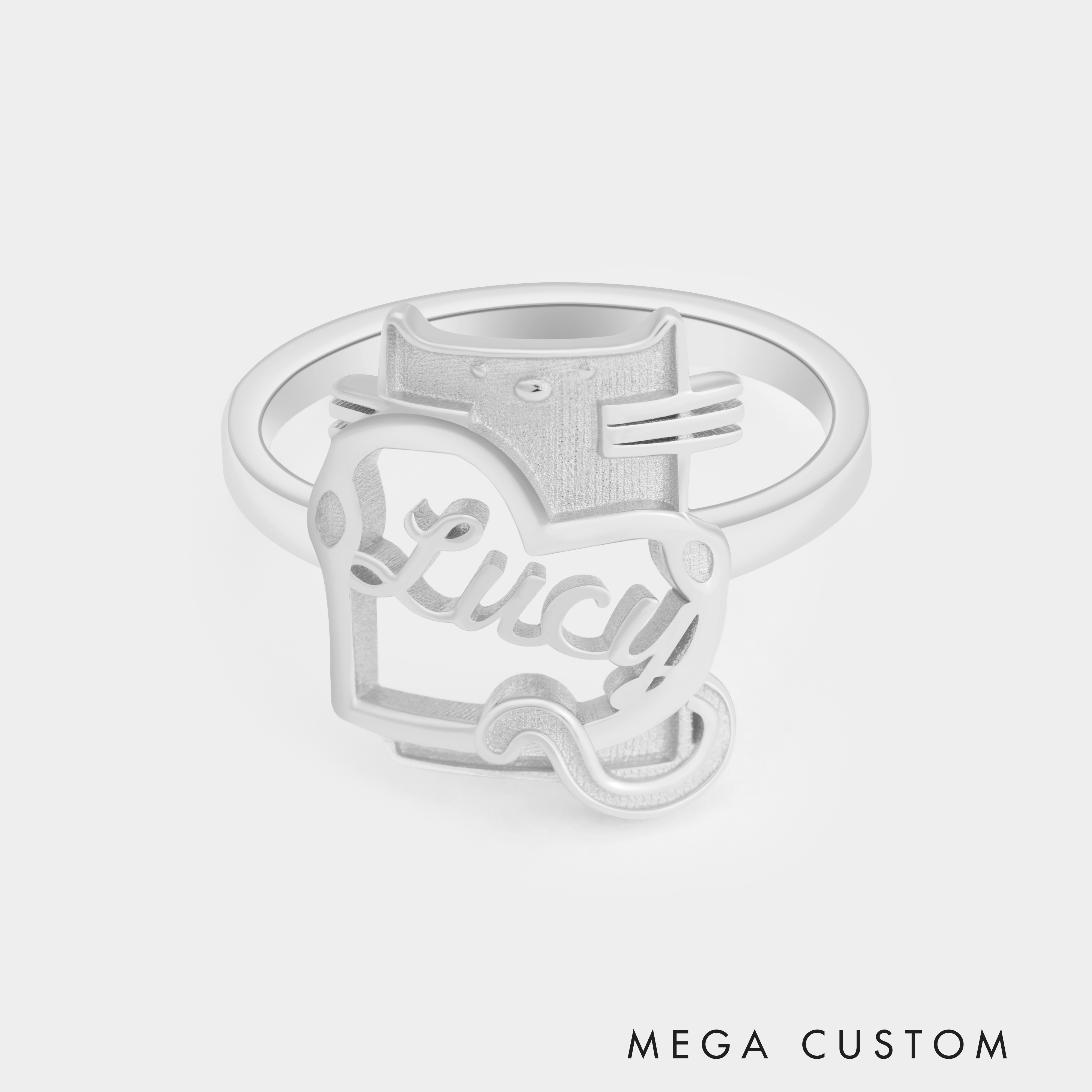 Personalized Cartoon Cat Holding Heart Sterling Silver Name Ring Custom Jewelry for Cat Lovers