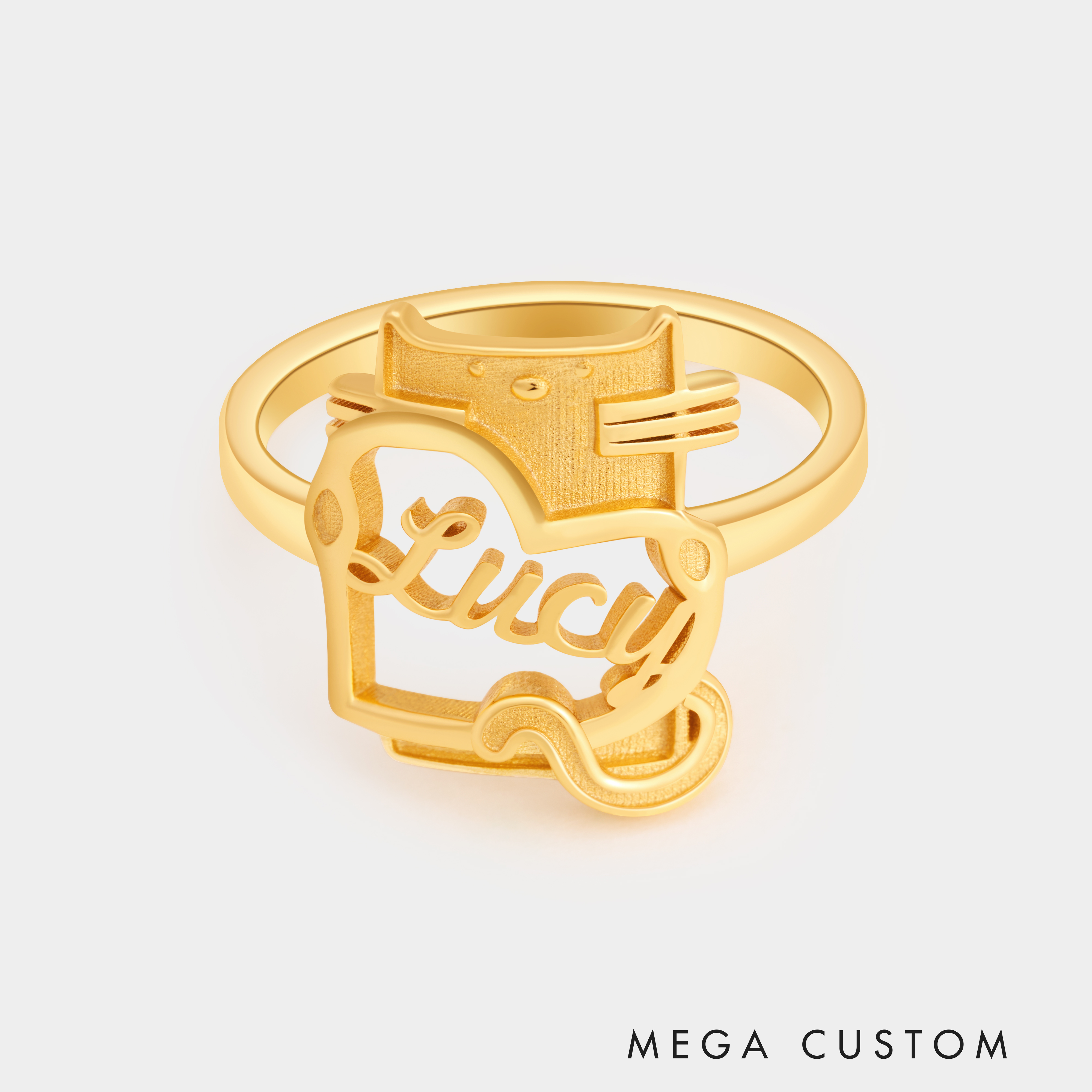 Personalized Cartoon Cat Holding Heart Sterling Silver Name Ring Custom Jewelry for Cat Lovers