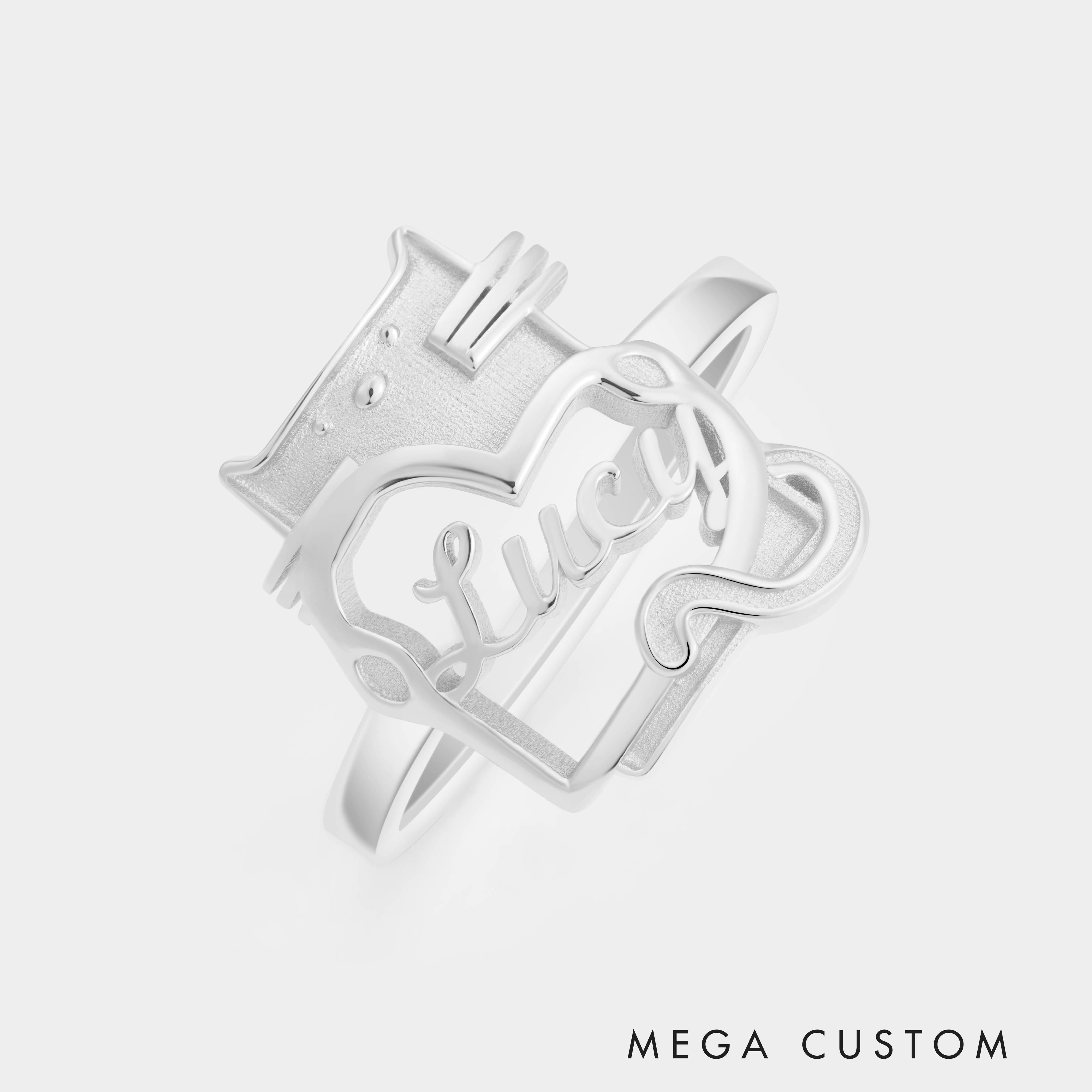 Personalized Cartoon Cat Holding Heart Sterling Silver Name Ring Custom Jewelry for Cat Lovers