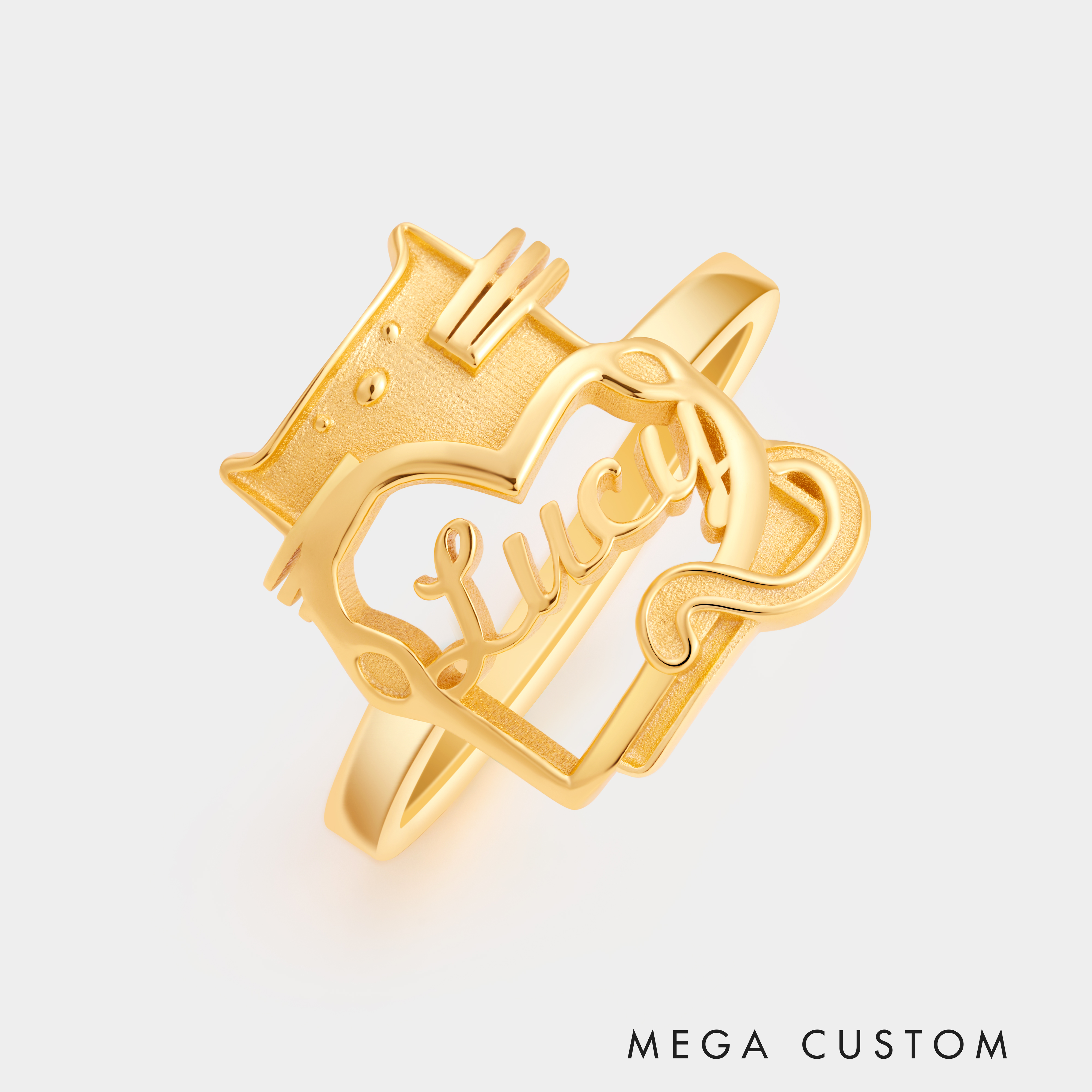 Personalized Cartoon Cat Holding Heart Sterling Silver Name Ring Custom Jewelry for Cat Lovers