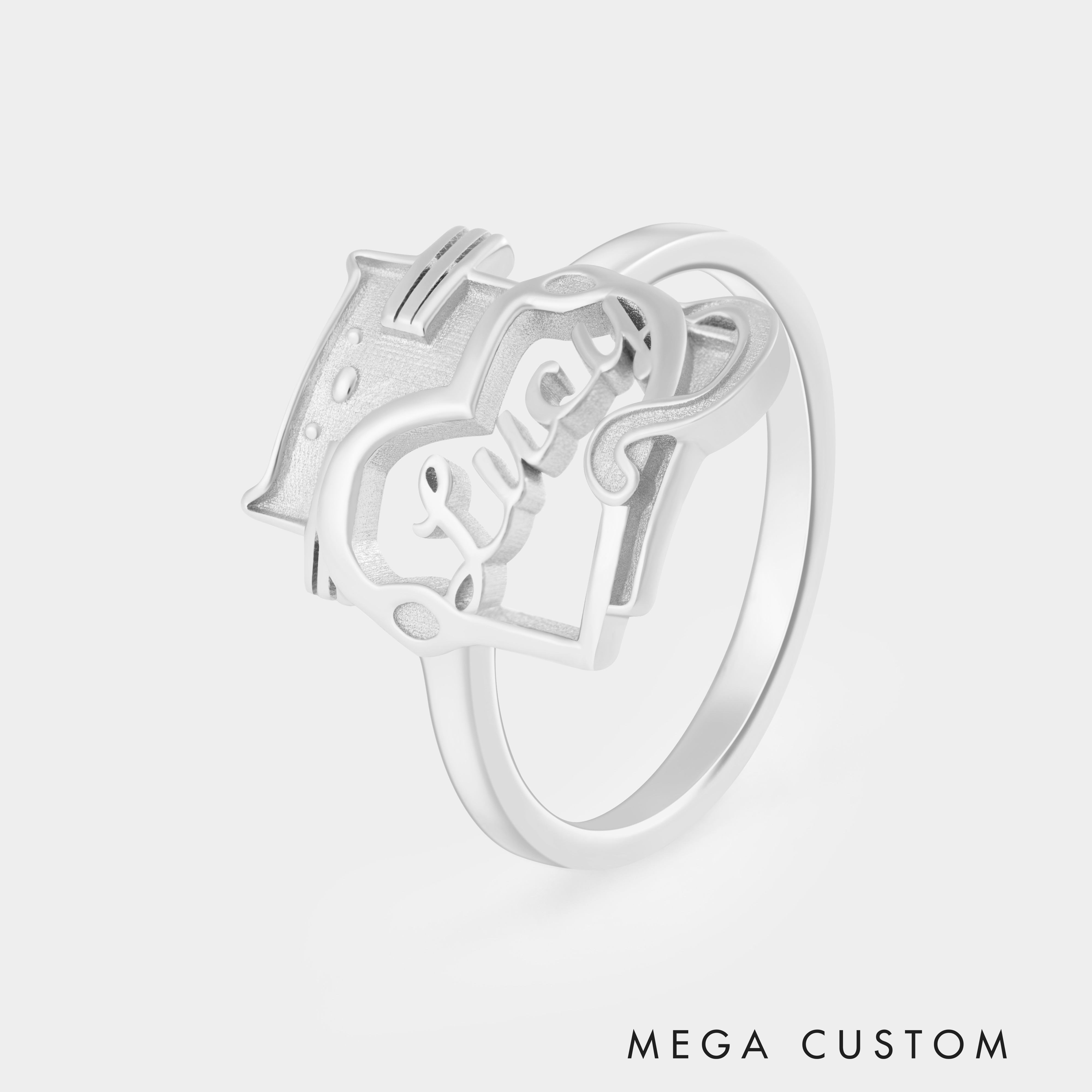 Personalized Cartoon Cat Holding Heart Sterling Silver Name Ring Custom Jewelry for Cat Lovers