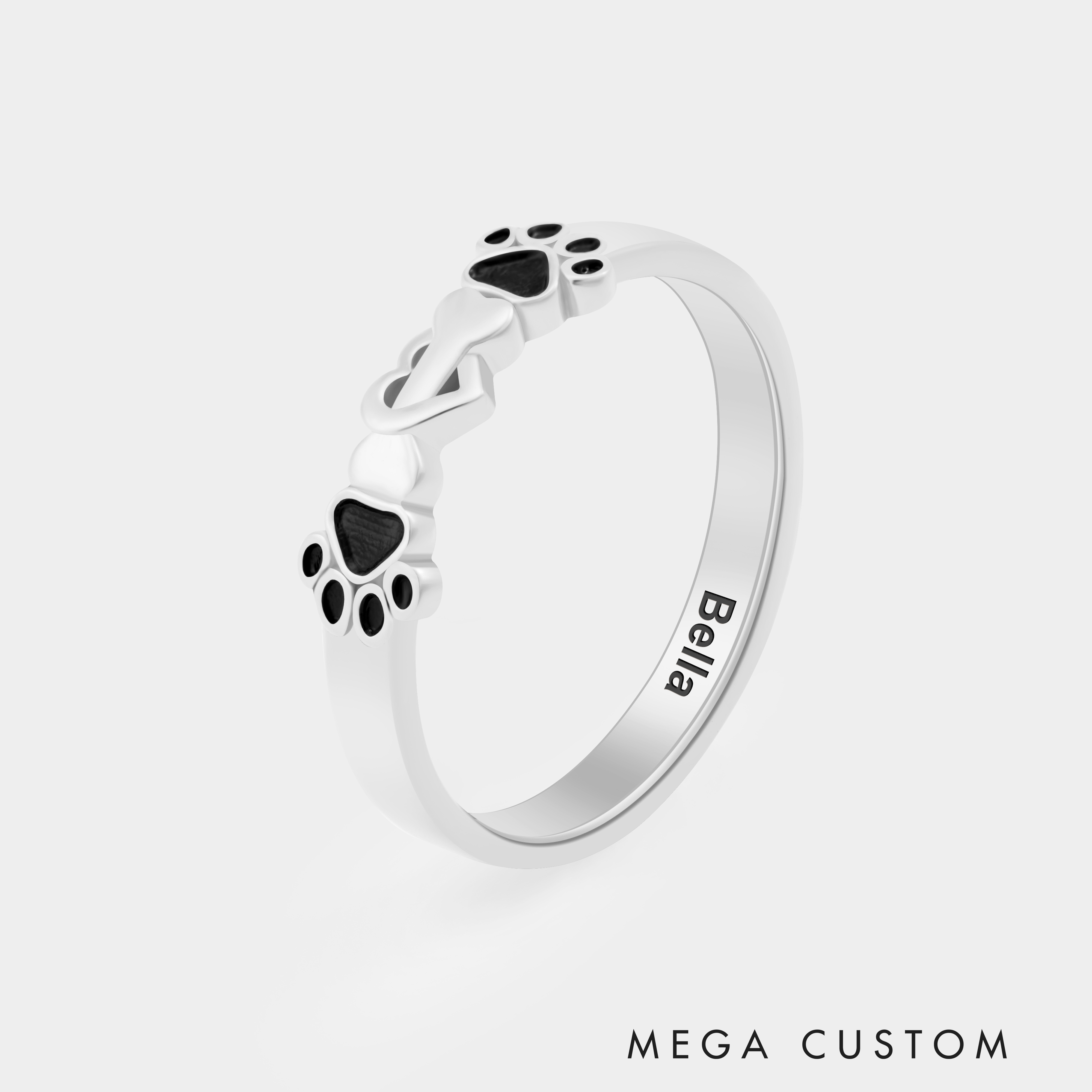 Personalized Bone and Heart with Dog Paw Ring Personalized Pet Lover's Jewelry in Sterling Silver