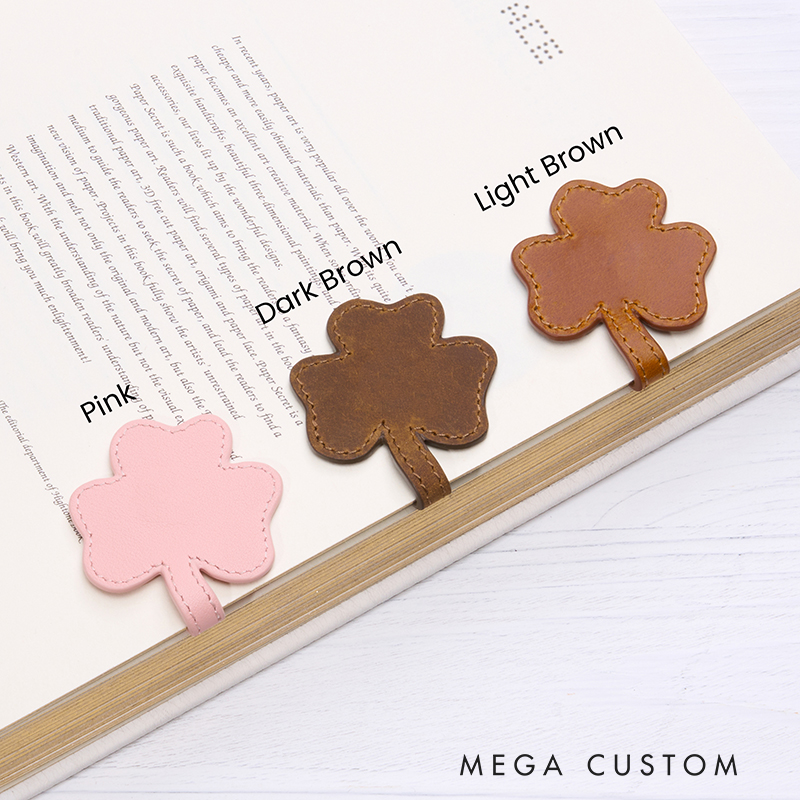 Personalized Leather Bookmark Shamrock Shaped Bookmark Magnetic Bookmark Custom Name Engraved Page Marker Lucky Gift for Readers Lucky Charms Leather Accessories Book Accessory  