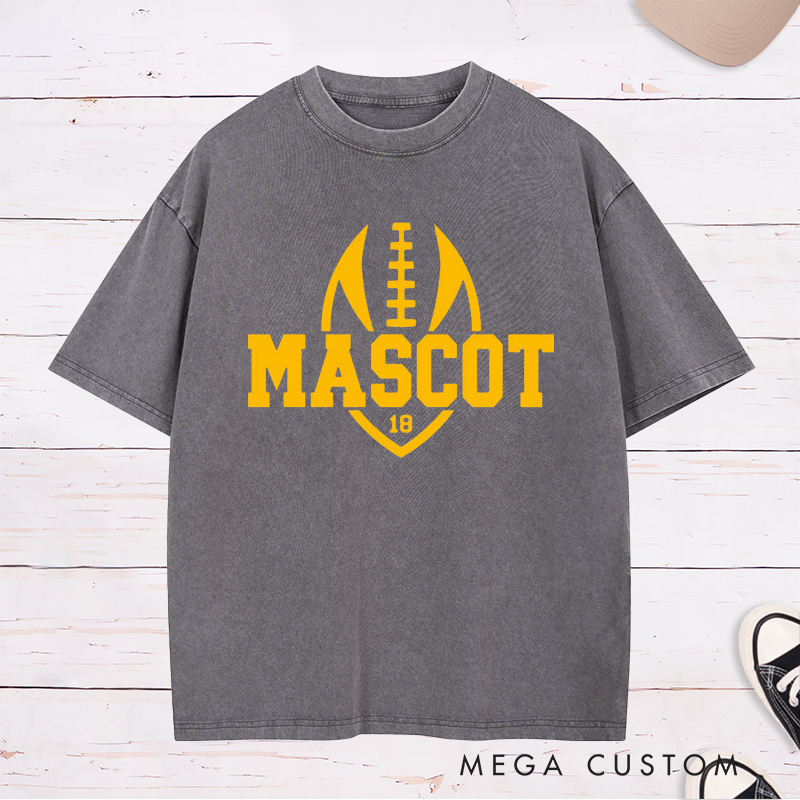 Personalized American Football and Rugby Washed T-Shirts Featuring Custom Mascot and Number on the Front
