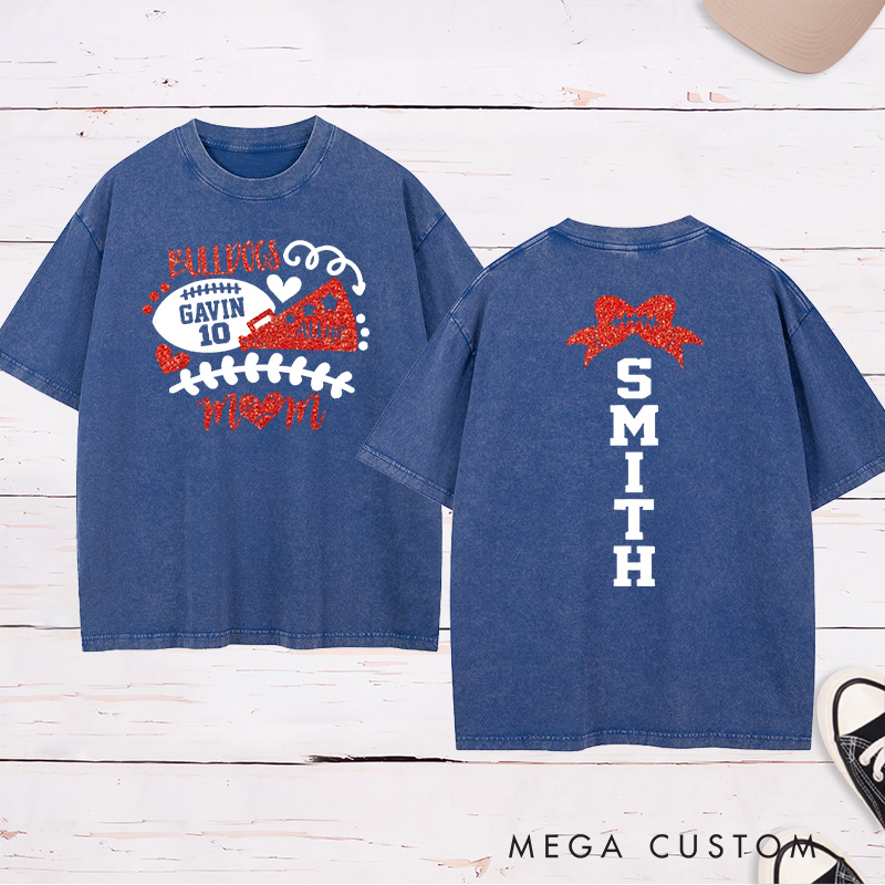 Personalized Glitter American Football and Rugby Cheer Mom Washed T-Shirt with Custom Name and Number