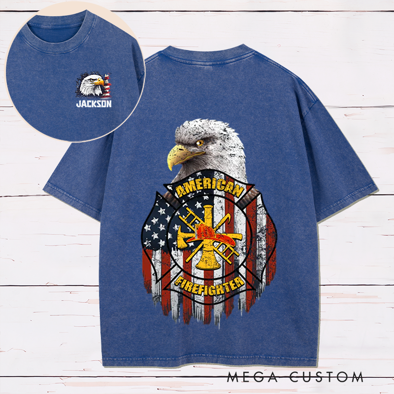 Personalized Firefighter Washed T-Shirt American Firefighter Bald Eagle and Flag Patriotic Design Unique Gift for Firefighters