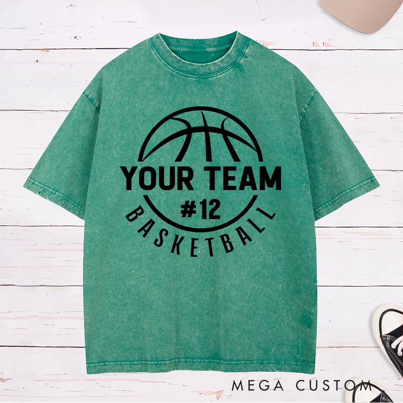 Personalized Washed T-Shirt Design Featuring a Circular Basketball Graphic with Customizable Team Name and Player Number