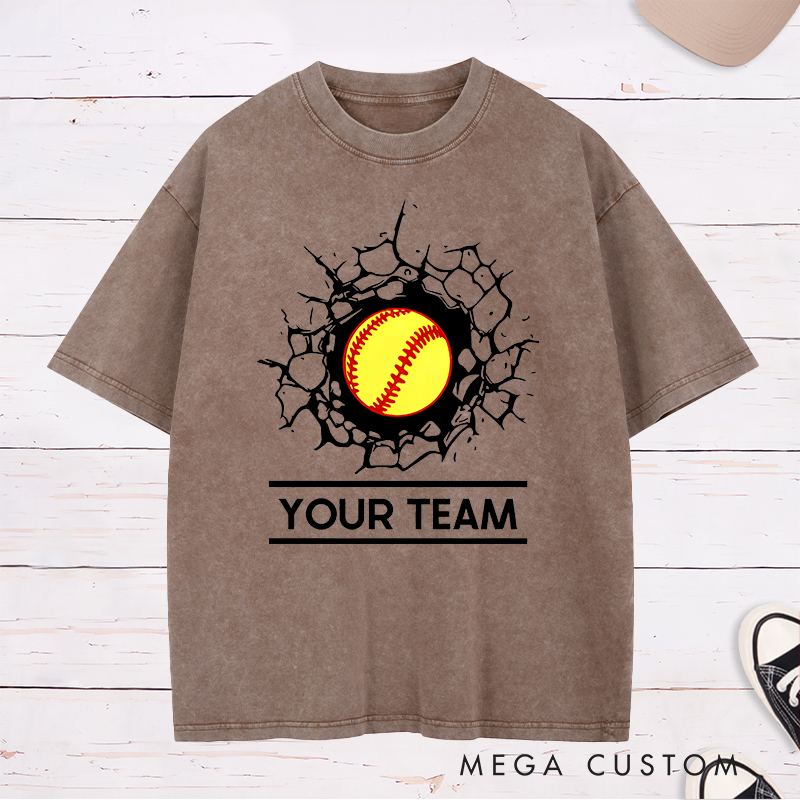 Personalized Softball Team Washed T-Shirt Design Featuring Customizable Team Name Bold Softball Graphic and Dynamic Cracked Wall Effect