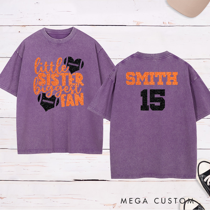 Personalized American Football and Rugby Washed T-Shirts for "Little Sister Biggest Fans" with Custom Name and Number on the Jersey