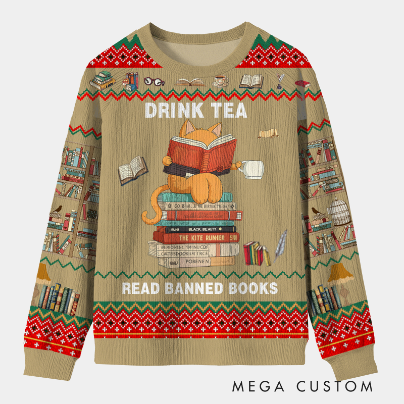 Personalized Rebel Reader Tea Time Ugly Sweater Holiday Gift for Librarians