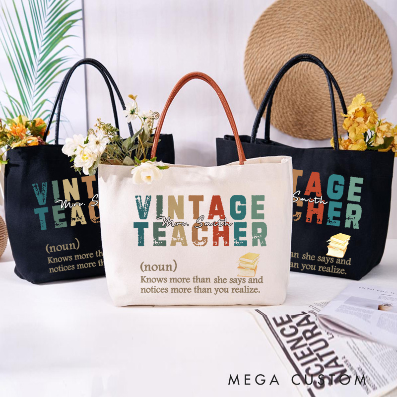 Personalized Teacher Canvas Tote Bag Vintage Teacher Design Appreciation Gift for Teachers
