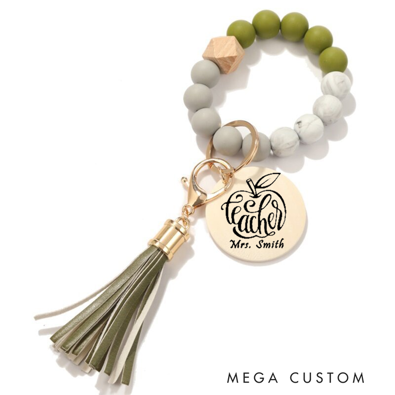Personalized Teacher Keychain Teacher Apple Design Silicone Beads Bracelet Keychain Wooden Engraved Wristlet Keychain Teacher Appreciation Gift