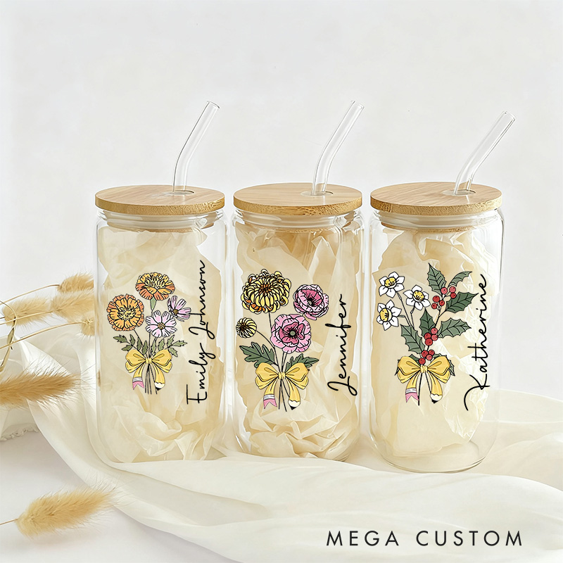 Personalized Teacher Birth Flower Tumbler with Lid and Straw Custom Glass Coffee Cup Unique Gift for Teachers