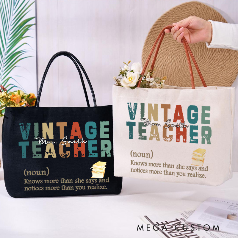 Personalized Teacher Canvas Tote Bag Vintage Teacher Design Appreciation Gift for Teachers