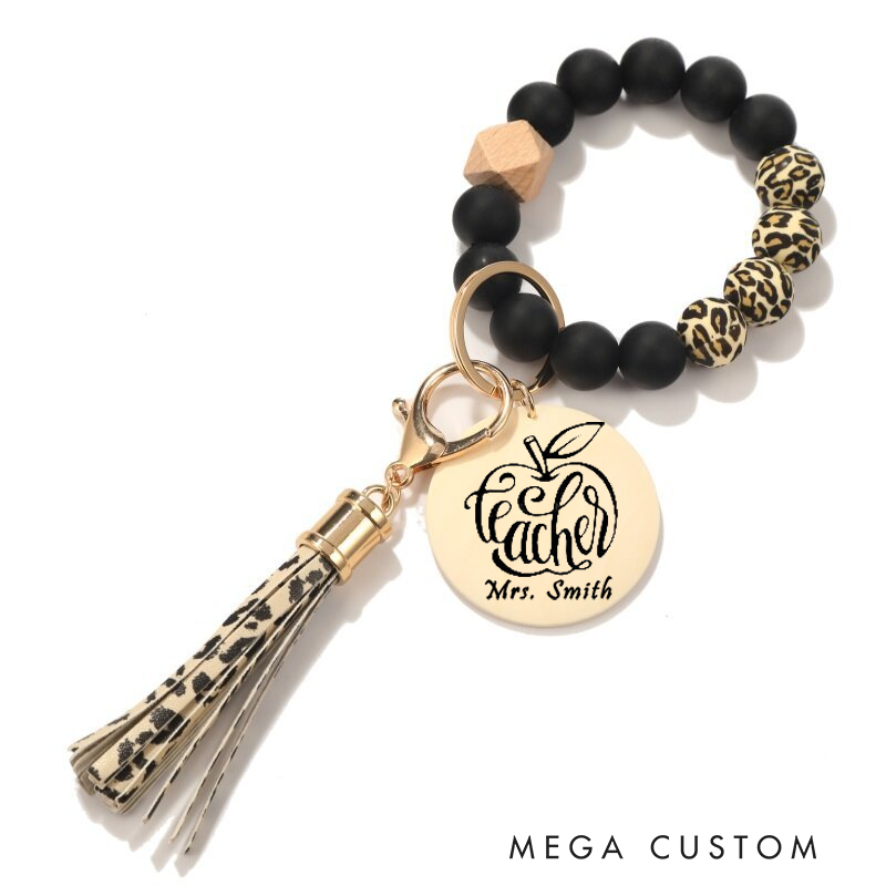 Personalized Teacher Keychain Teacher Apple Design Silicone Beads Bracelet Keychain Wooden Engraved Wristlet Keychain Teacher Appreciation Gift