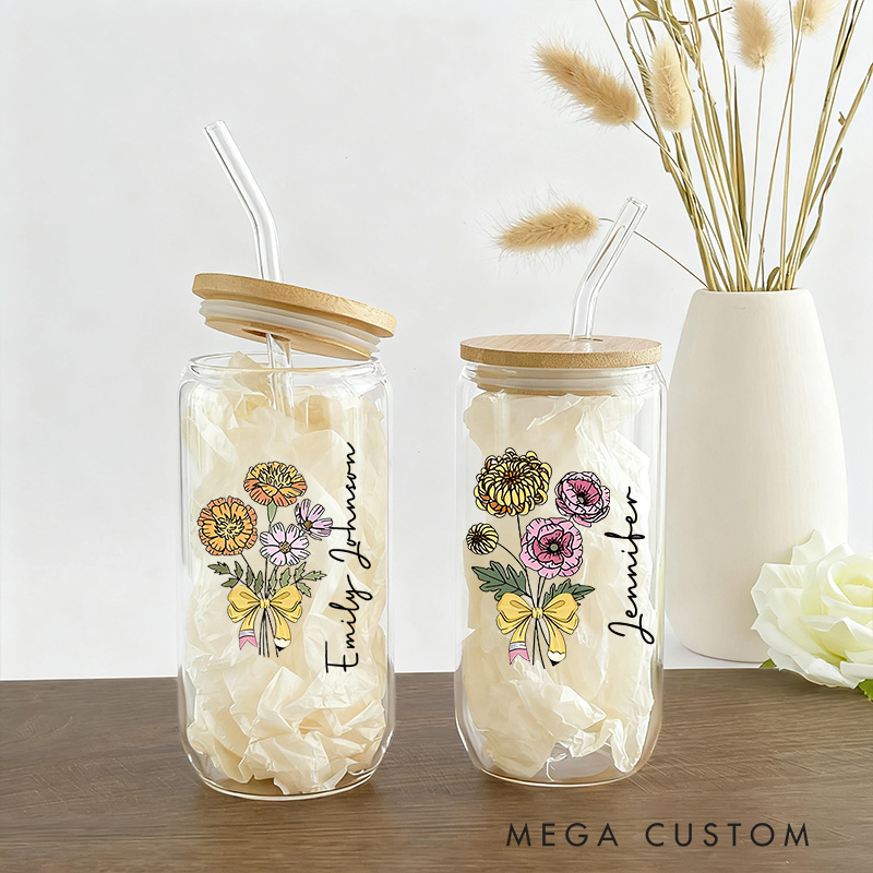 Personalized Teacher Birth Flower Tumbler with Lid and Straw Custom Glass Coffee Cup Unique Gift for Teachers