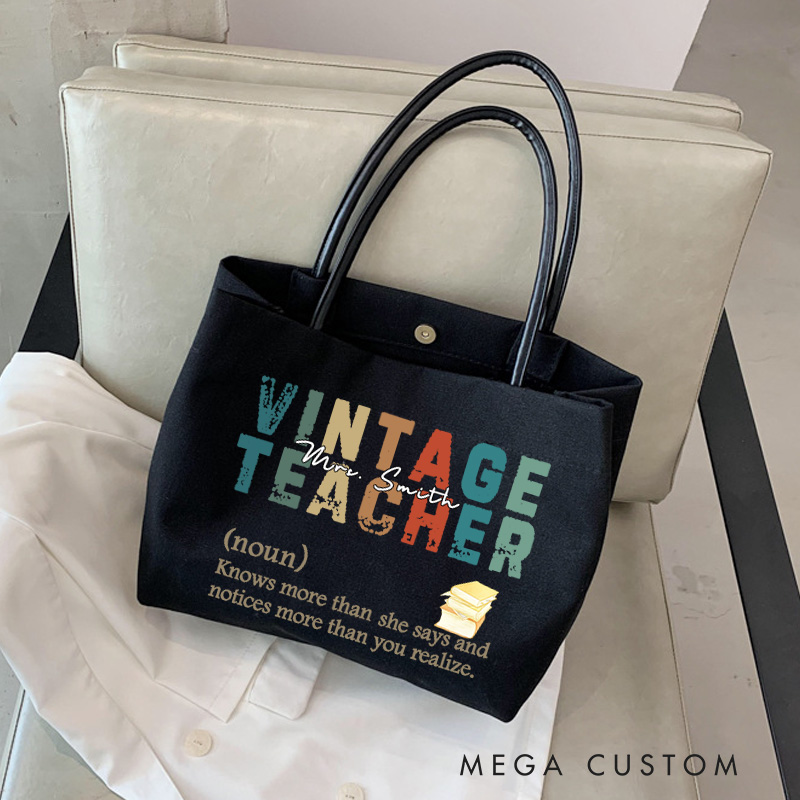 Personalized Teacher Canvas Tote Bag Vintage Teacher Design Appreciation Gift for Teachers