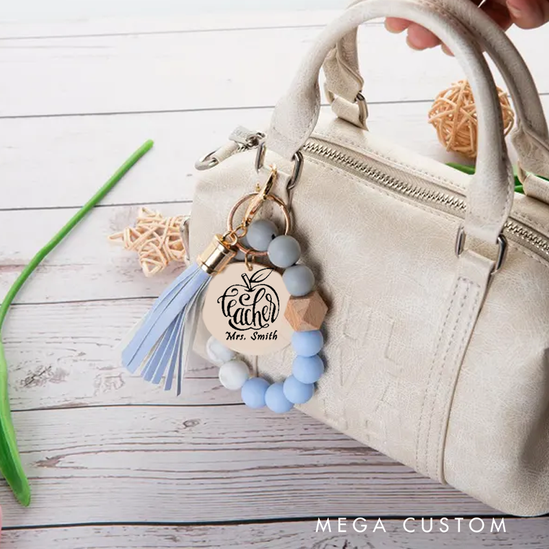 Personalized Teacher Keychain Teacher Apple Design Silicone Beads Bracelet Keychain Wooden Engraved Wristlet Keychain Teacher Appreciation Gift