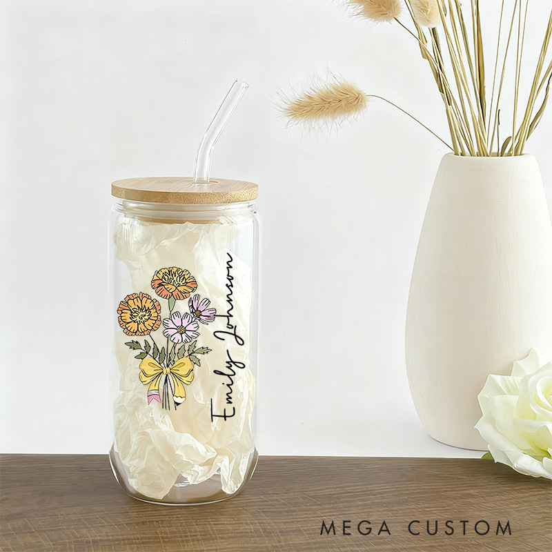 Personalized Teacher Birth Flower Tumbler with Lid and Straw Custom Glass Coffee Cup Unique Gift for Teachers