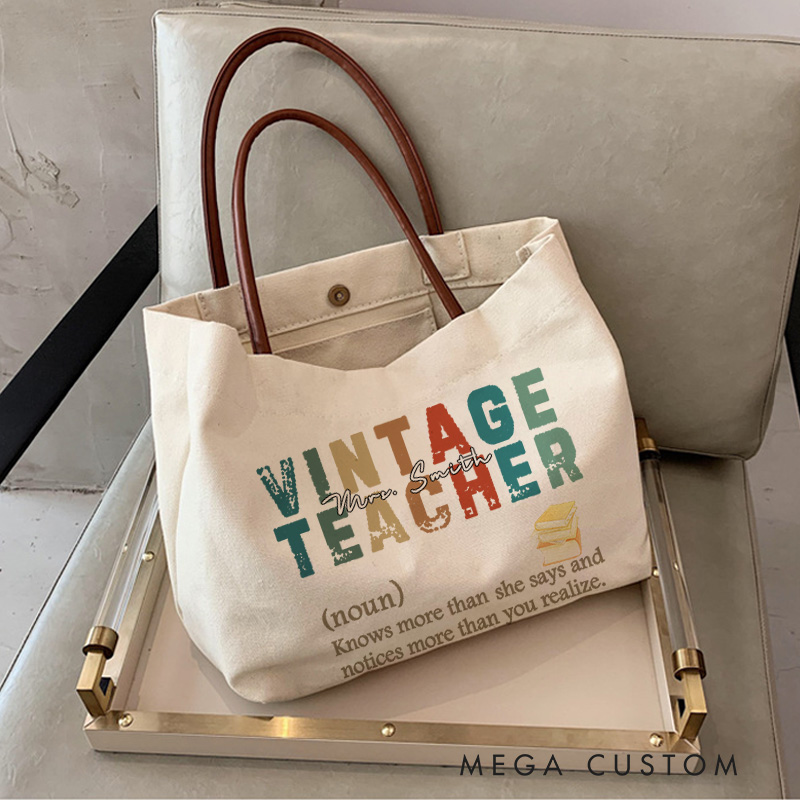 Personalized Teacher Canvas Tote Bag Vintage Teacher Design Appreciation Gift for Teachers