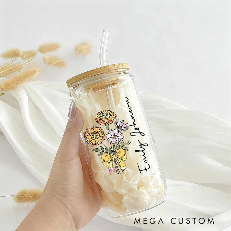 Personalized Teacher Birth Flower Tumbler with Lid and Straw Custom Glass Coffee Cup Unique Gift for Teachers