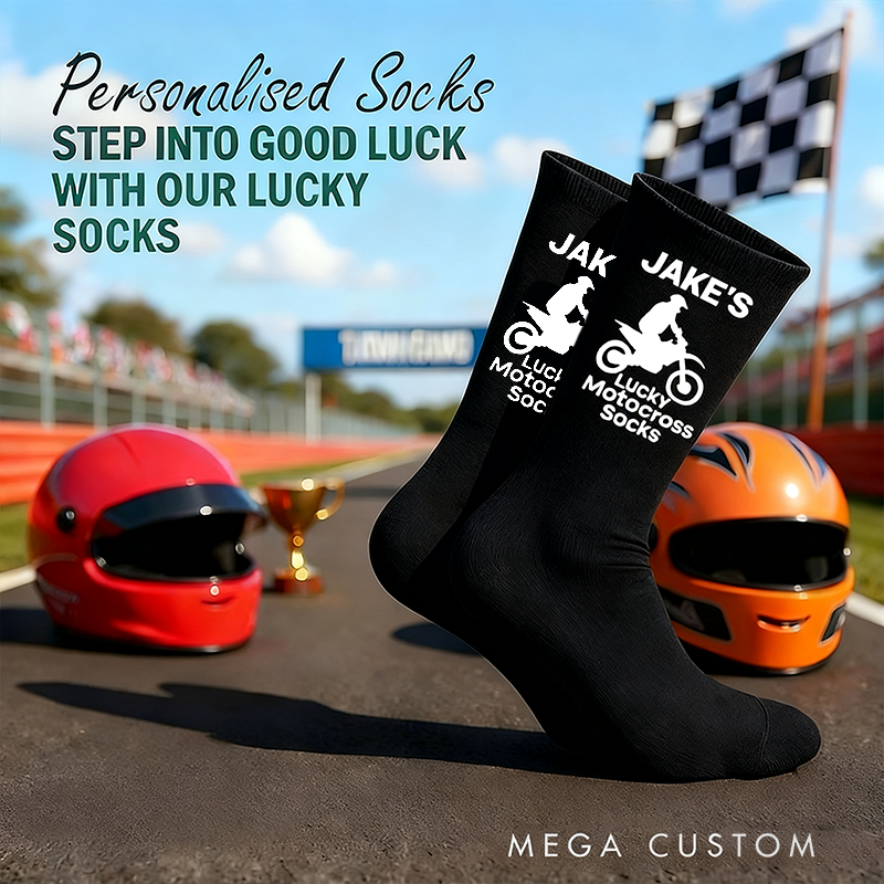 Personalized Lucky Motorcross Socks with Custom Name Socks Gift for Motorcyclists and Motorcycle Enthusiasts