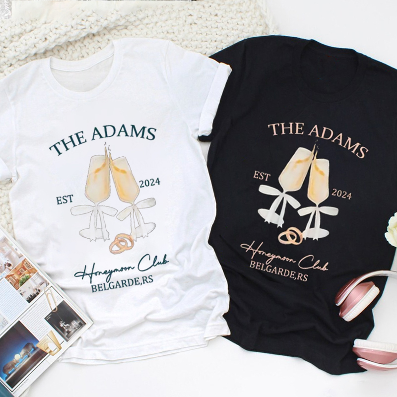 Personalized Honeymoon Club Champagne Glasses Tied with Bow Honeymoon Couple Classic T-Shirt