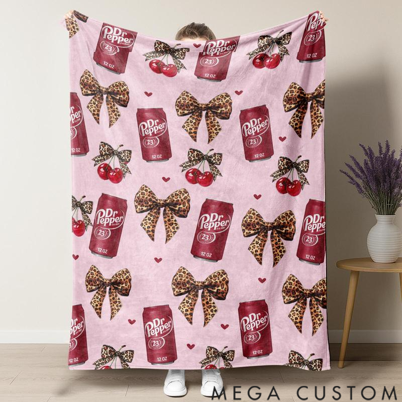 Personalized Dr Pepper Flannel Leopard print bow Throw Blanket - Versatile For Sofa, Bed, Office, Camping- Cozy Nap Blanket